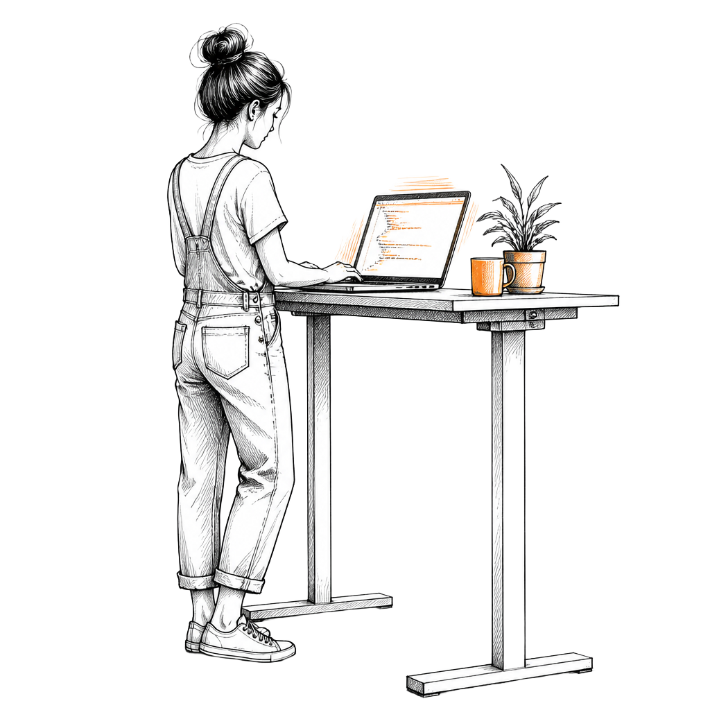 Illustration of a woman standing at a desk coding on a laptop
