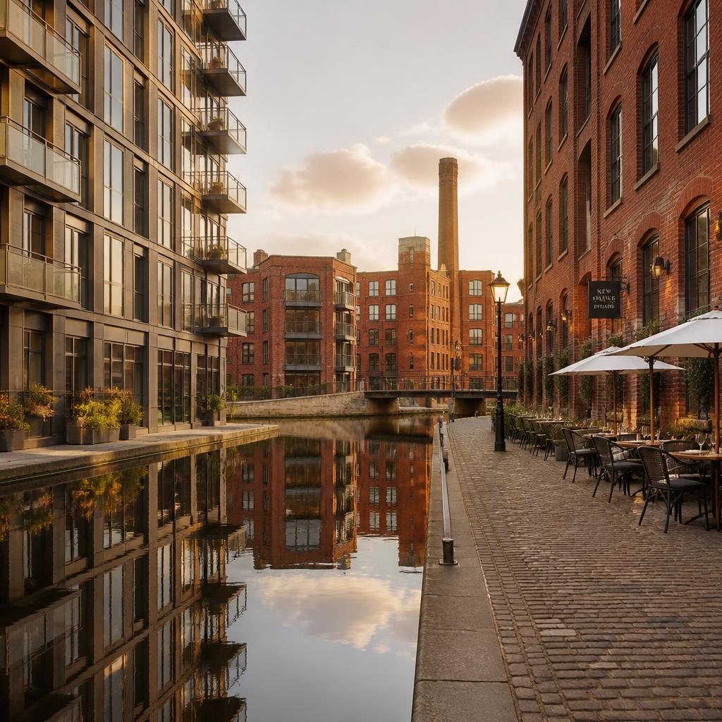Ancoats marina with red brick mills, modern apartments and canal-side restaurants