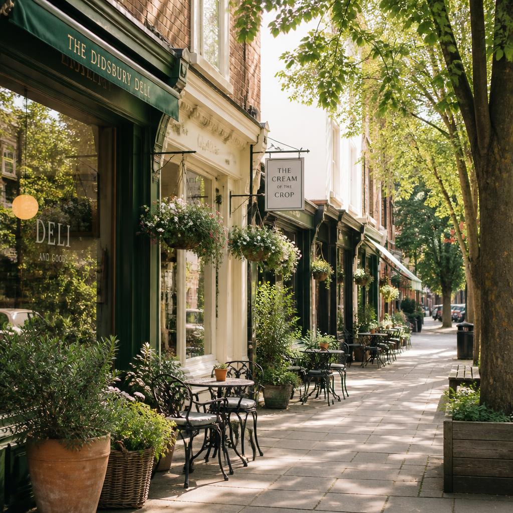 Leafy Didsbury Village street with independent delis, cafés and hanging baskets