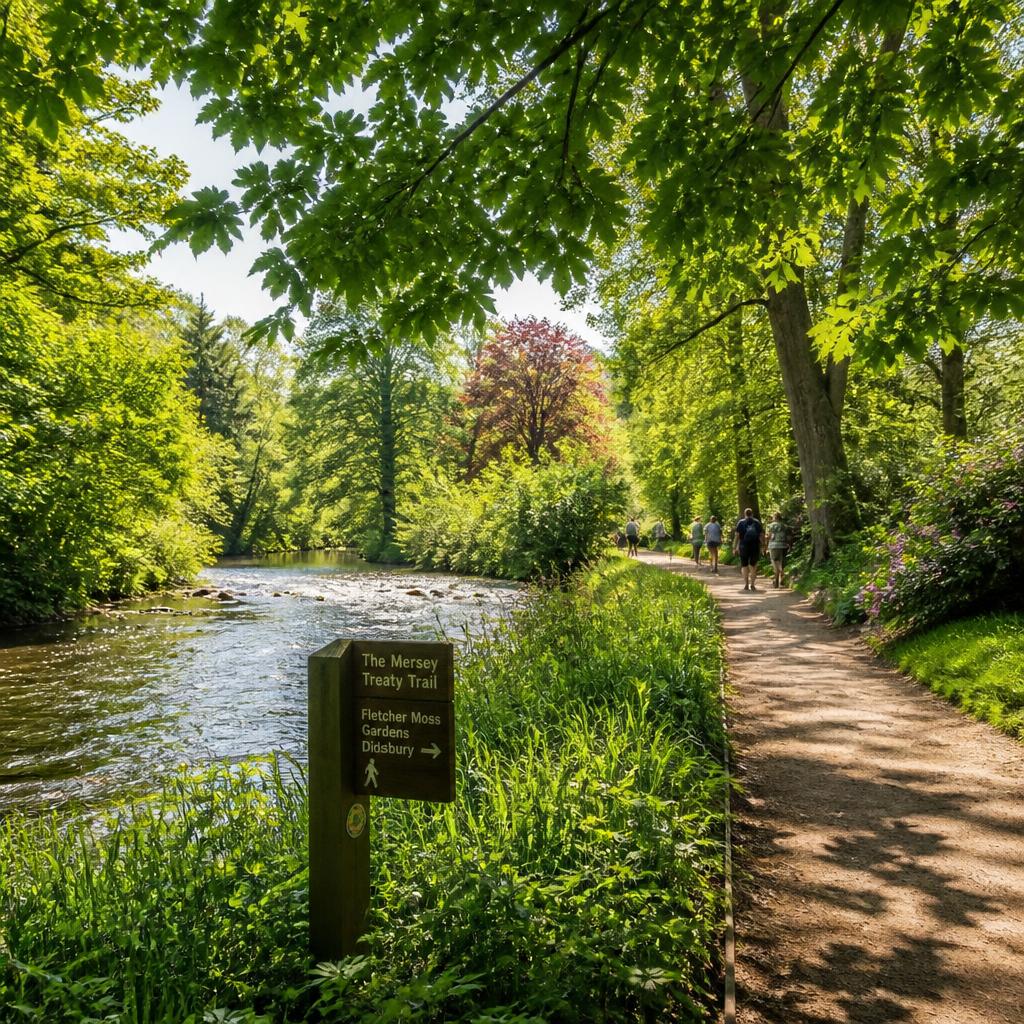 Sunny riverside walking path along the Mersey trail with lush green trees