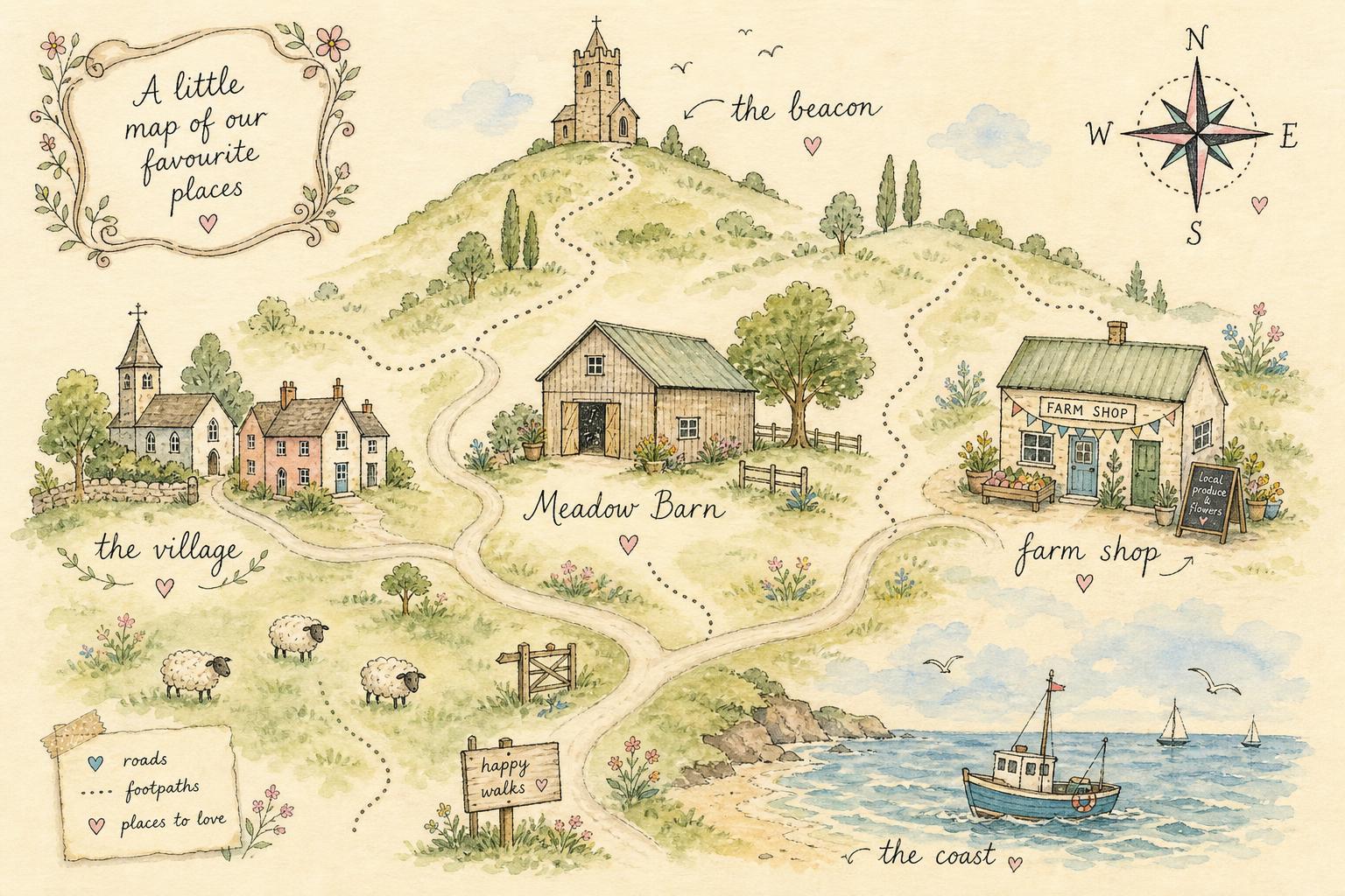 Hand-drawn watercolour map showing Meadow View Barn, the village, the farm shop, the beacon and the coast