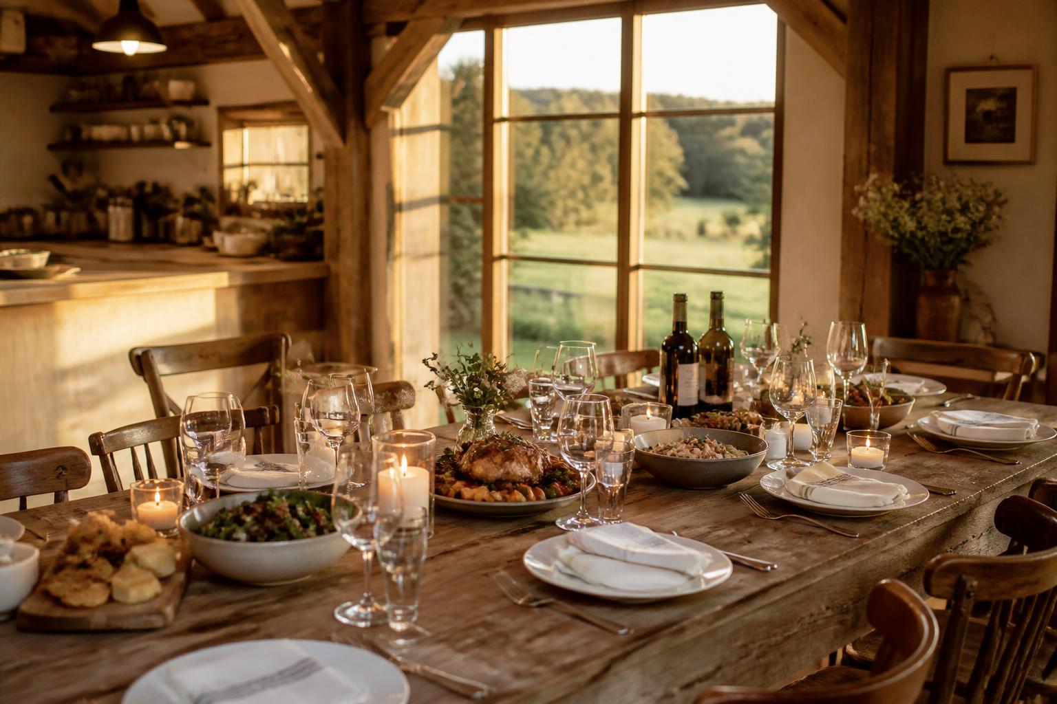 A long wooden table set for a farm supper inside a barn, with shared dishes, candles and green fields through the window