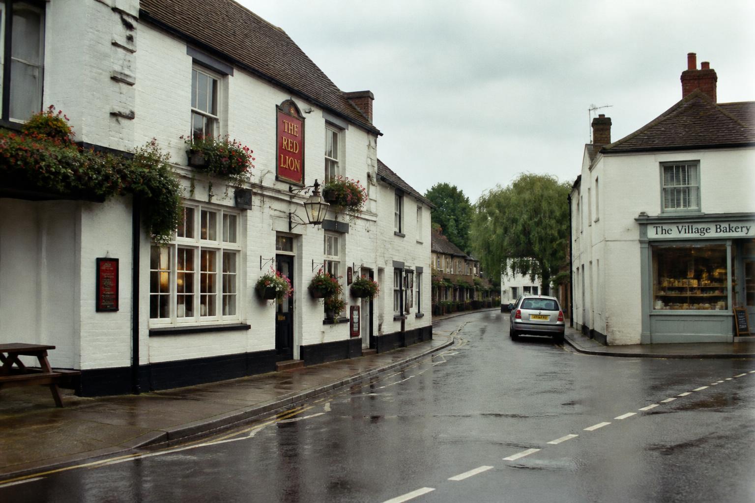 Village high street with a white-painted pub and a village bakery on a damp day