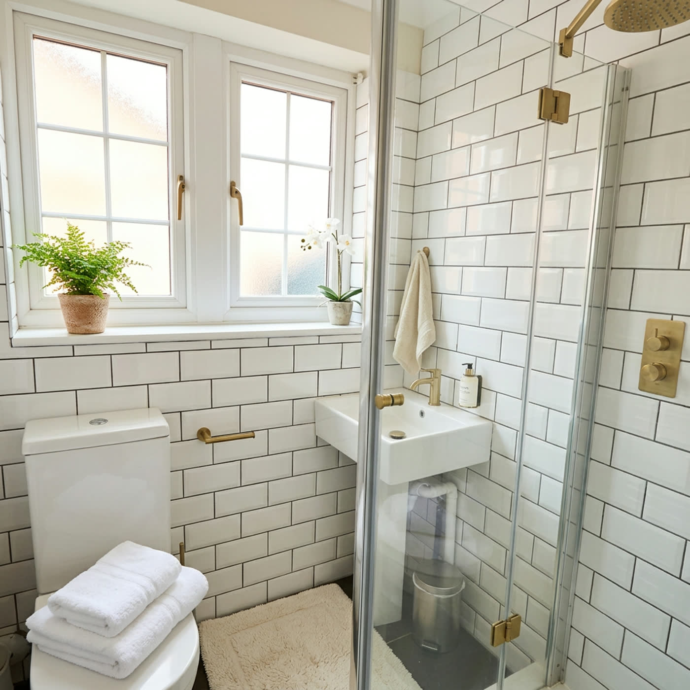 Shower room with white metro tiles, brass fittings and a potted fern