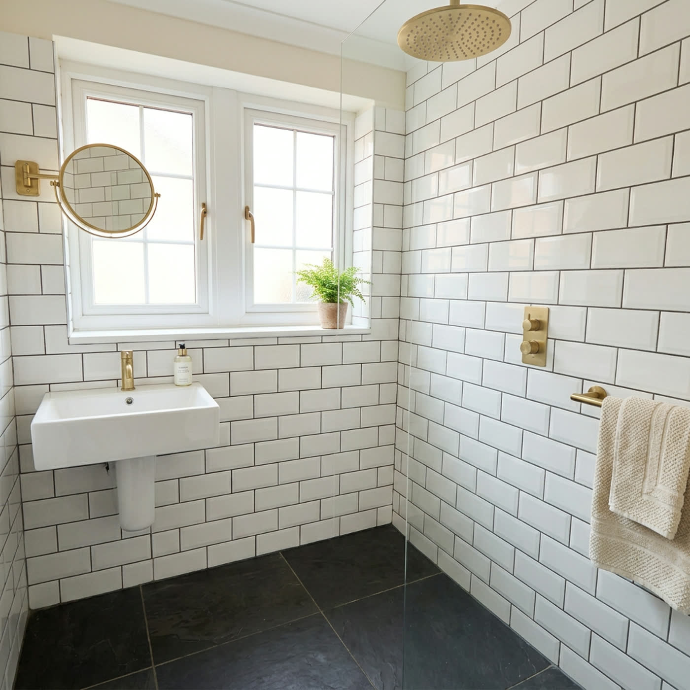 Wet room with brass rainfall shower, slate floor and cream towels