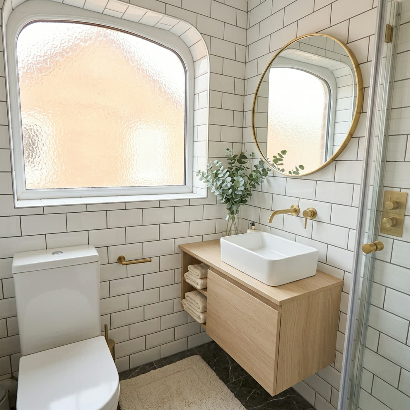 En suite bathroom with oak vanity and brass mirror