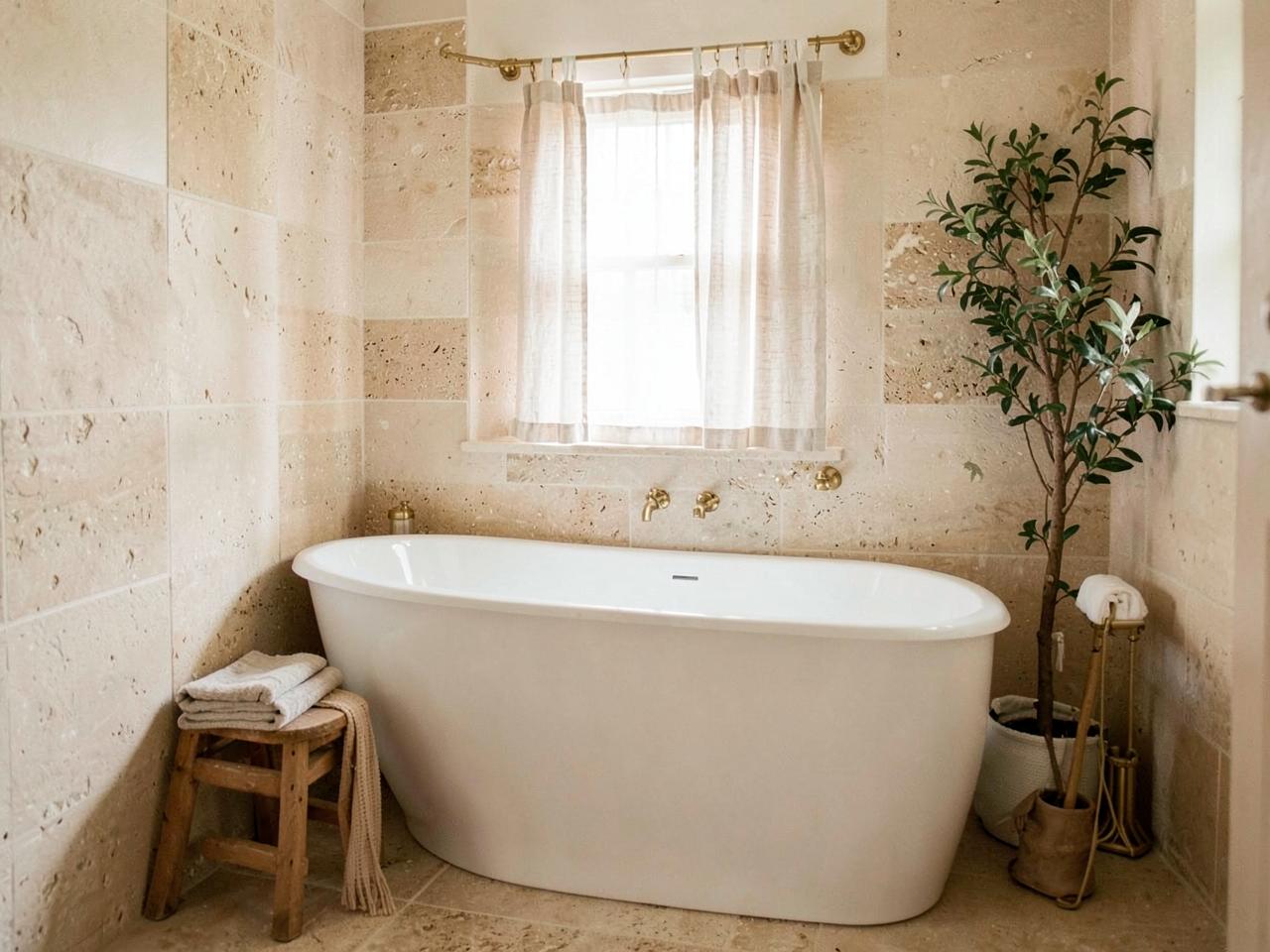 Stone-tiled bathroom with freestanding bath