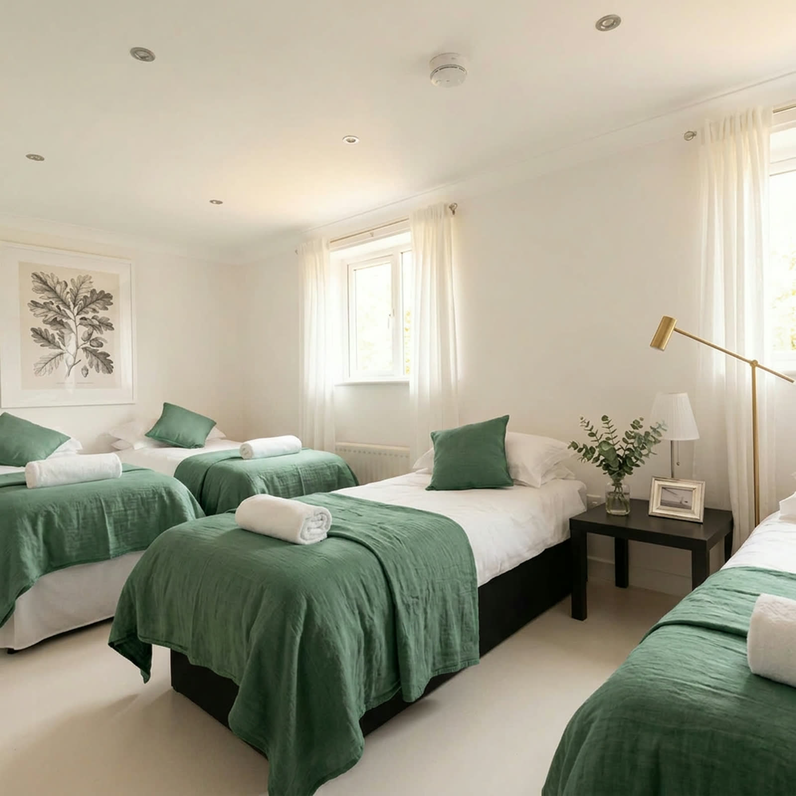 Bright bedroom with four single beds dressed in white linen and green throws