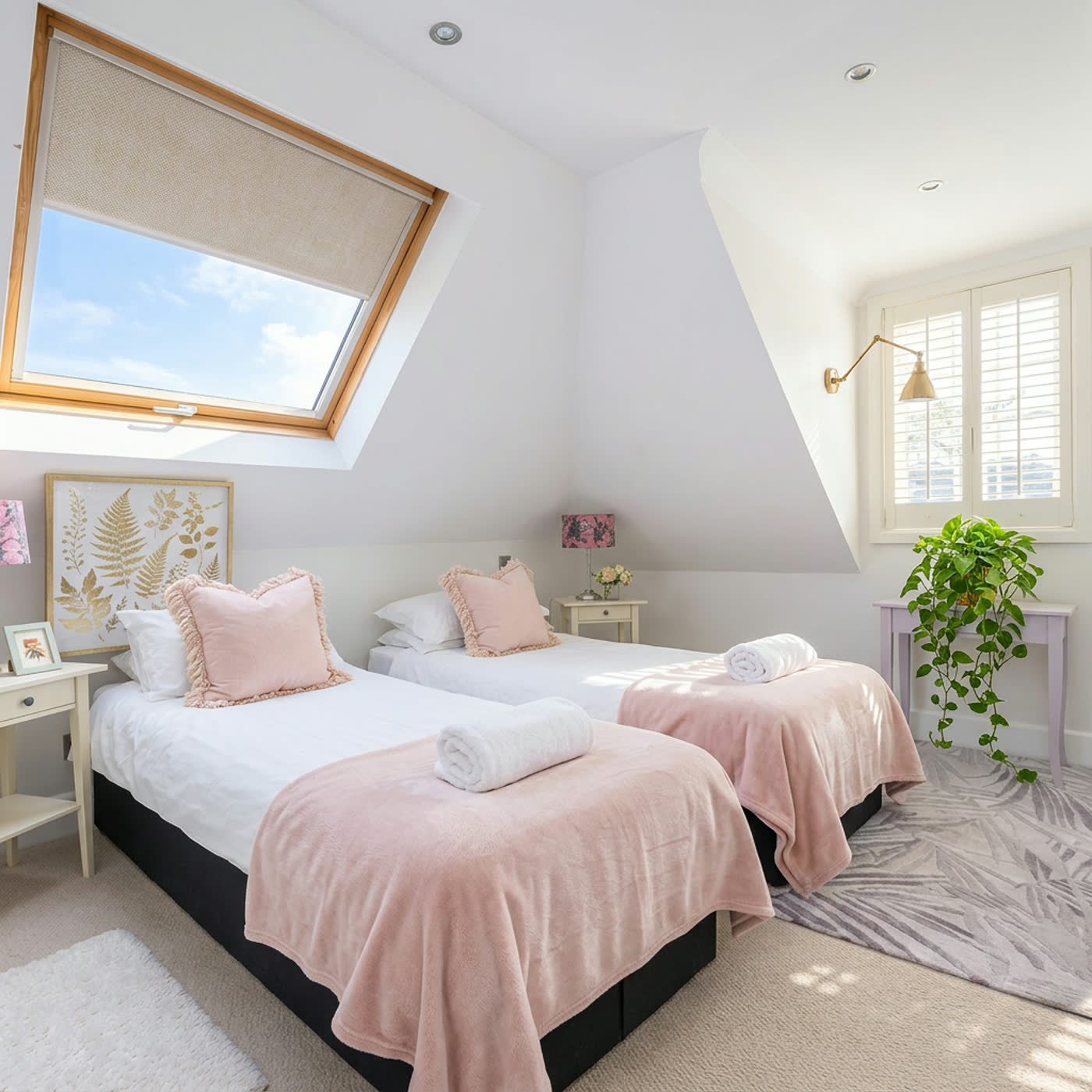Loft twin bedroom with skylight, blush throws and a trailing green plant