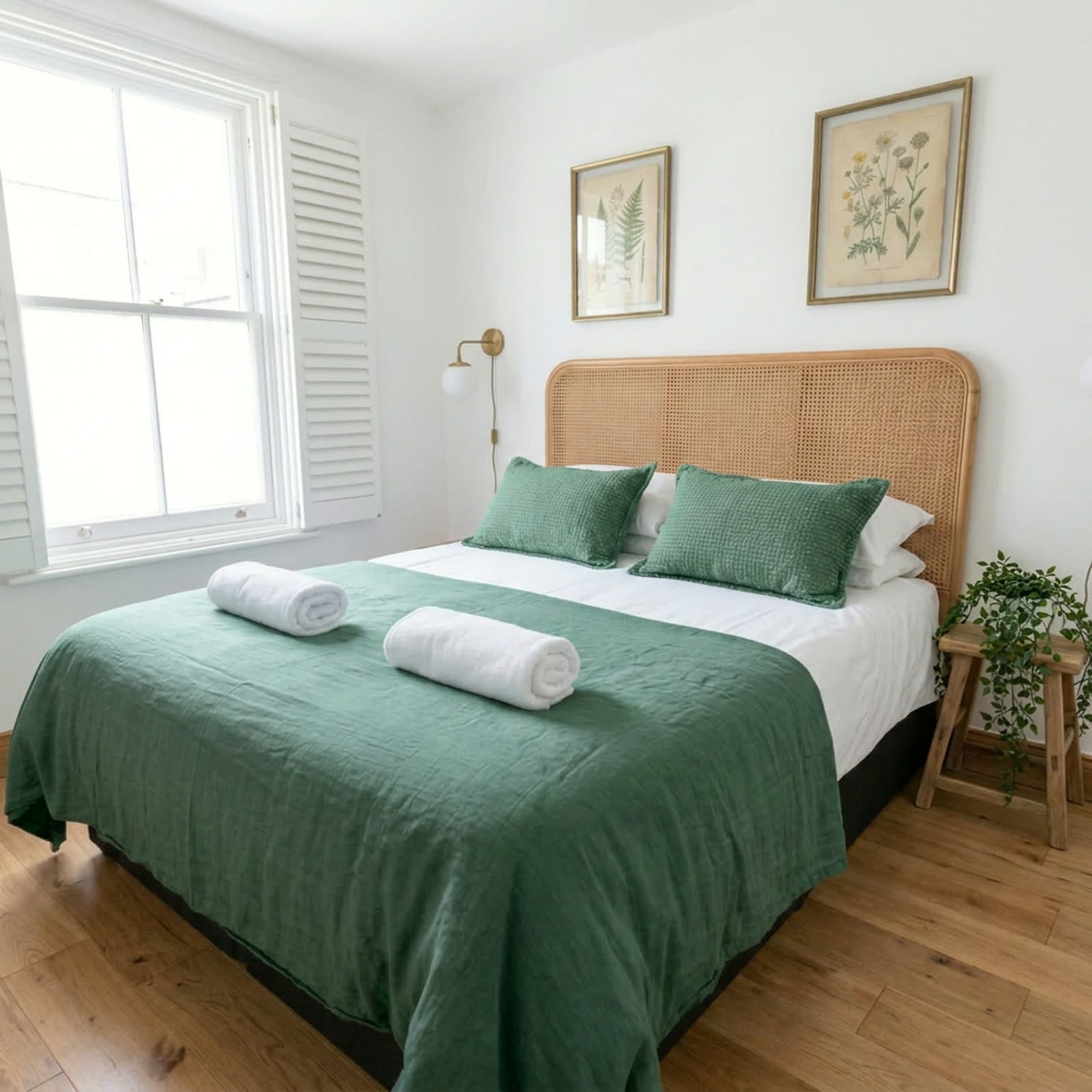 Double bedroom with rattan headboard, green throw and oak floor