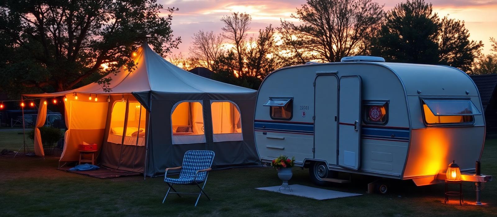 Caravan and tent at dusk
