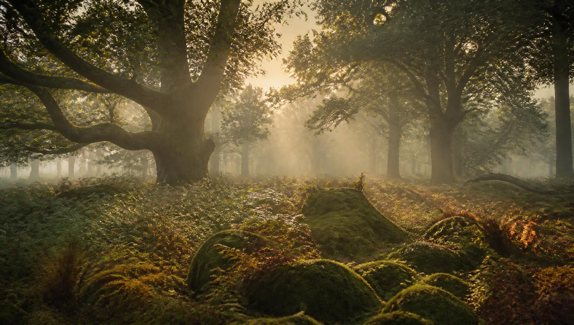 Mist drifting through ancient trees in the New Forest at dawn
