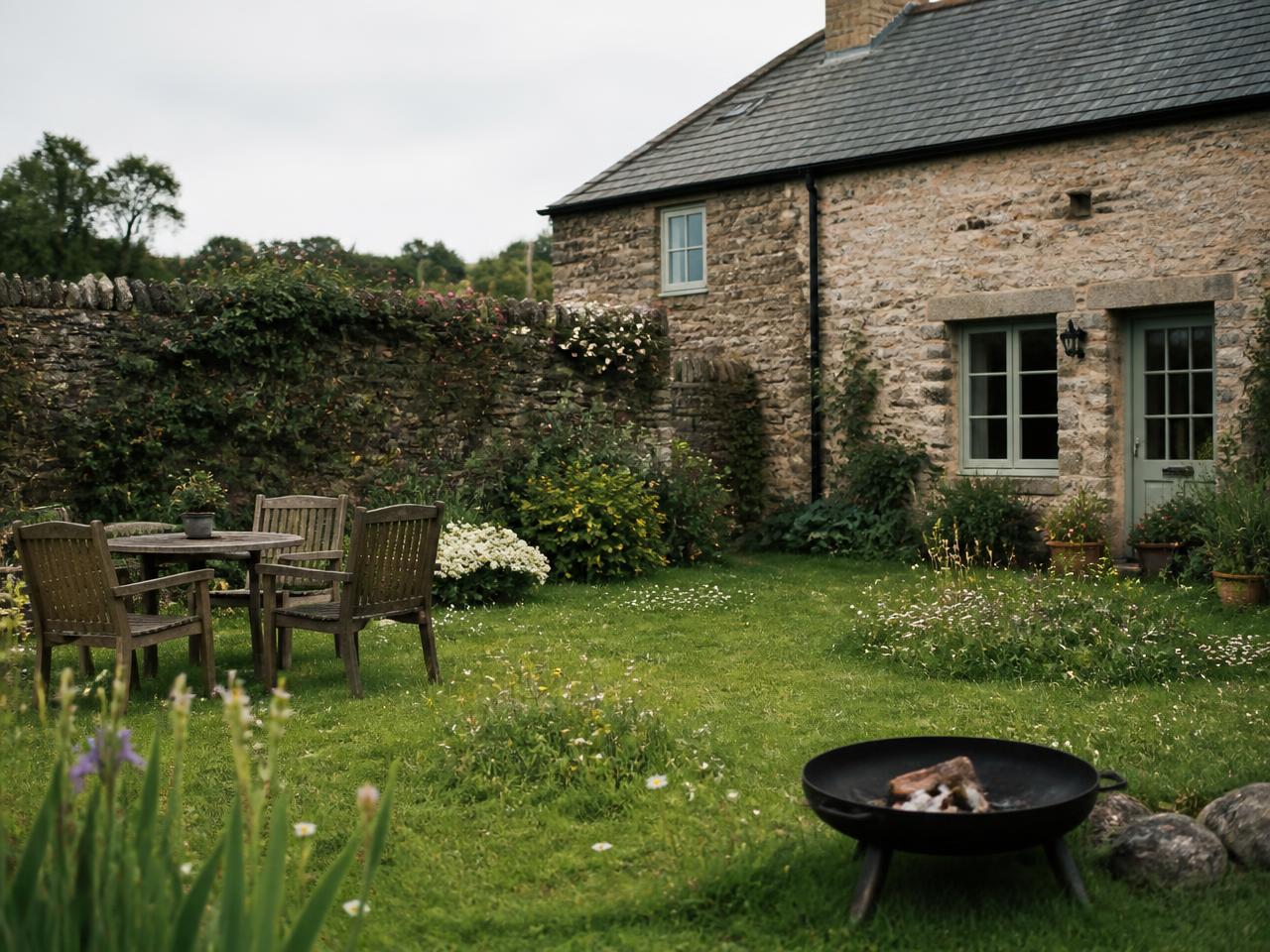 The walled garden at Meadow View Barn with stone barn walls, wooden furniture and wildflowers