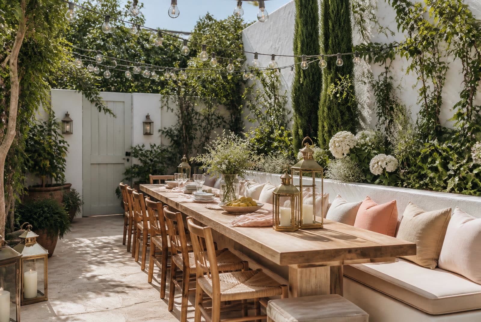 Private walled courtyard garden with outdoor seating and a long dining table
