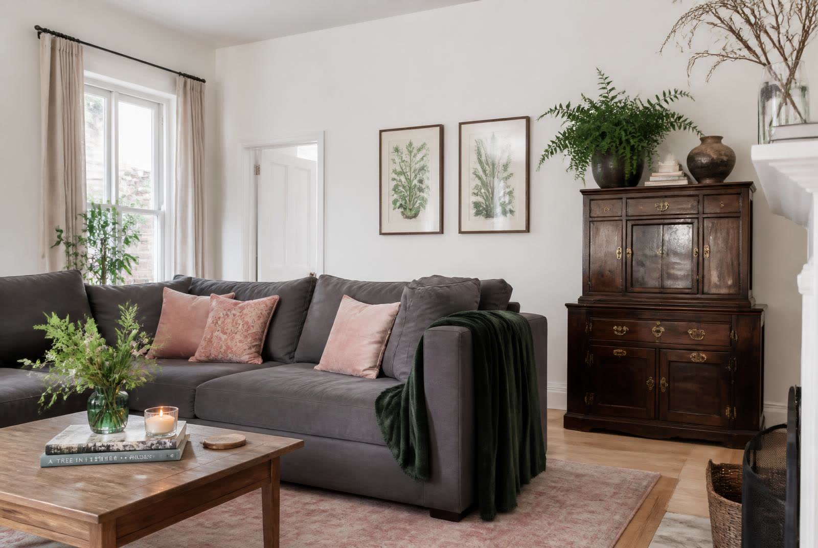 Second snug lounge with sectional sofa, blush cushions and green throw