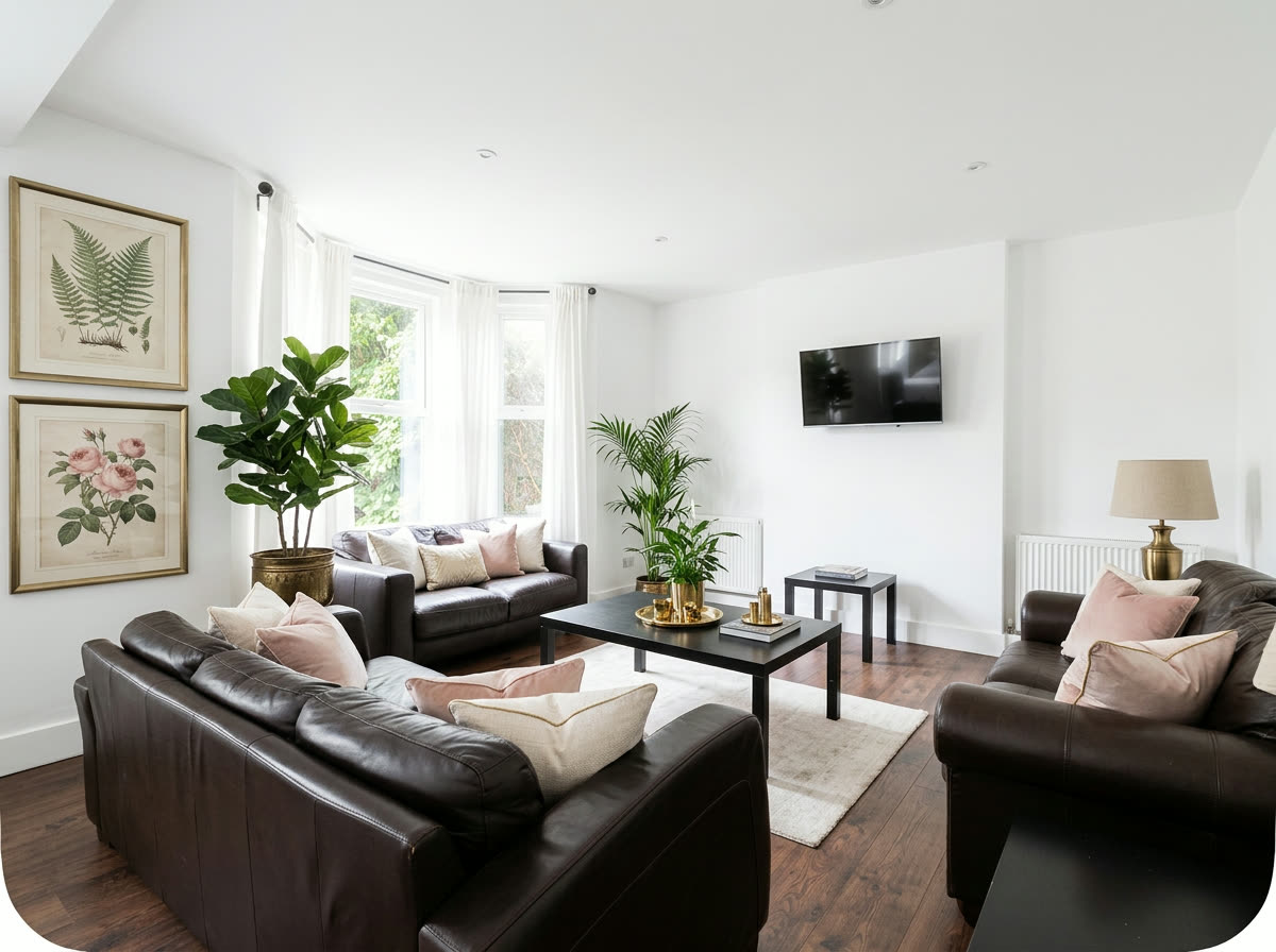 Bright living room with leather sofas, blush cushions, botanical prints and a wall-mounted television
