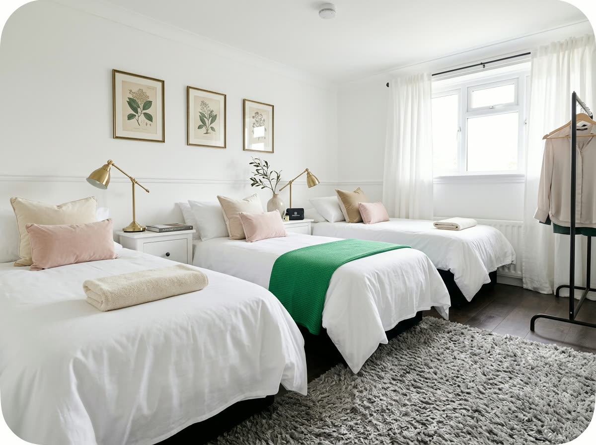 Bedroom with three single beds, white linen, blush cushions and botanical prints