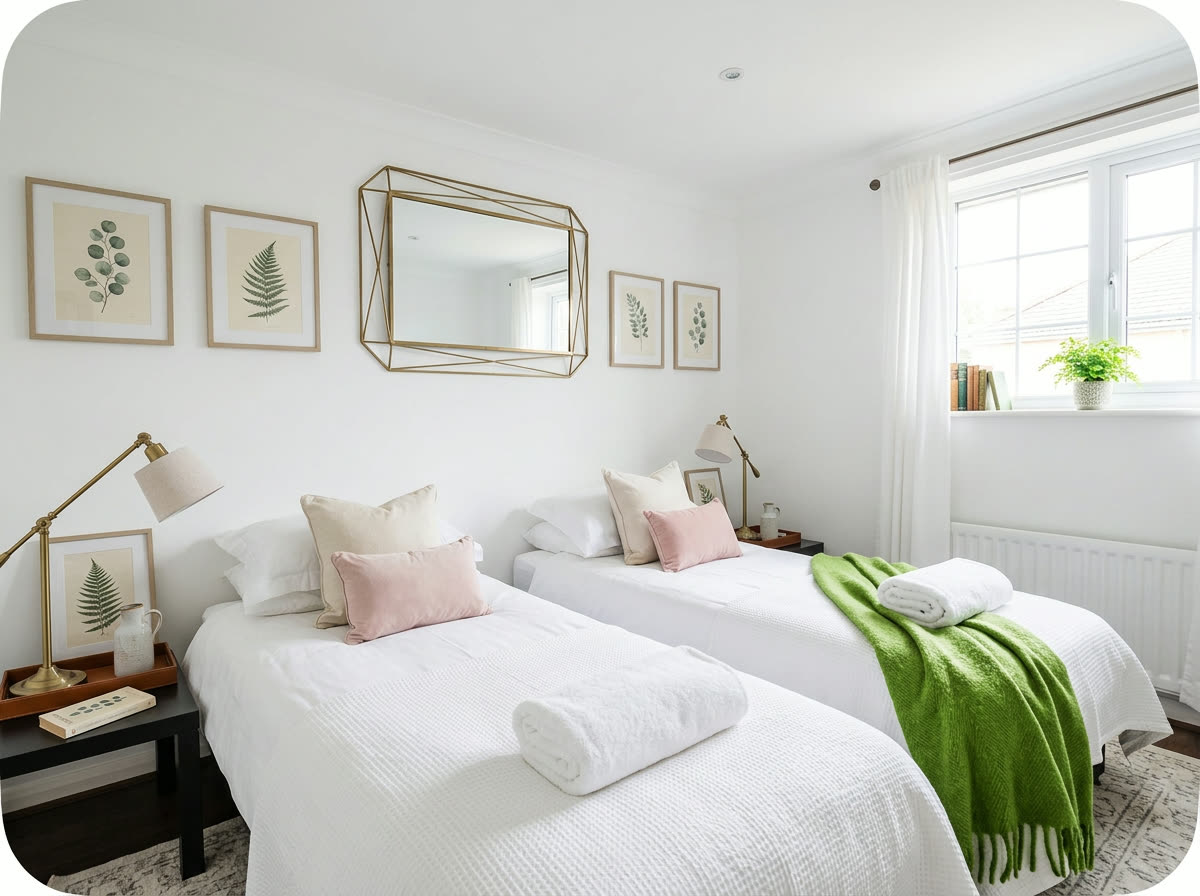 Twin bedroom with crisp white linen, blush cushions, brass mirror and a green throw