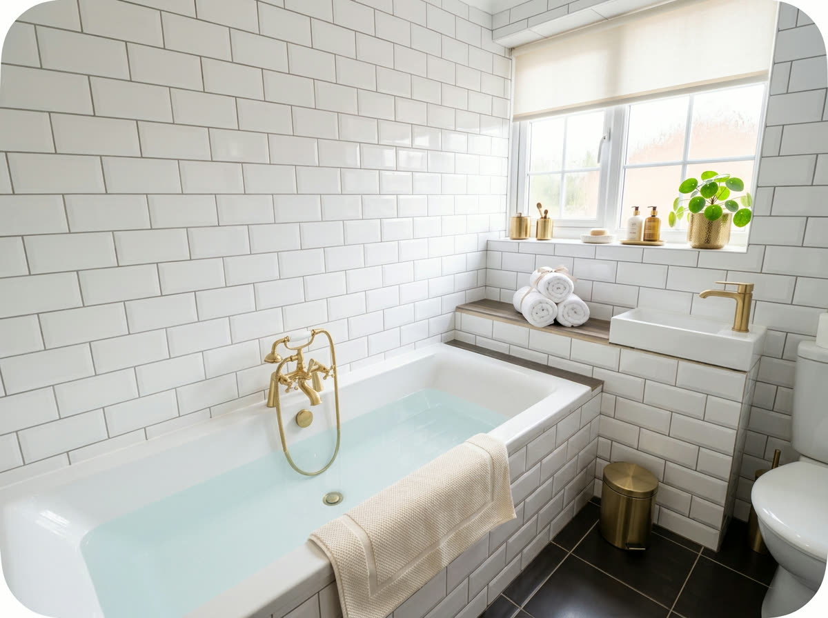 Metro tiled bathroom with deep bath and window