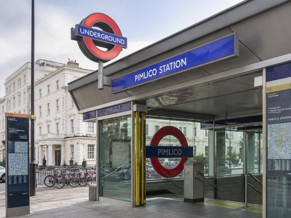 Pimlico Underground station entrance with the London roundel sign