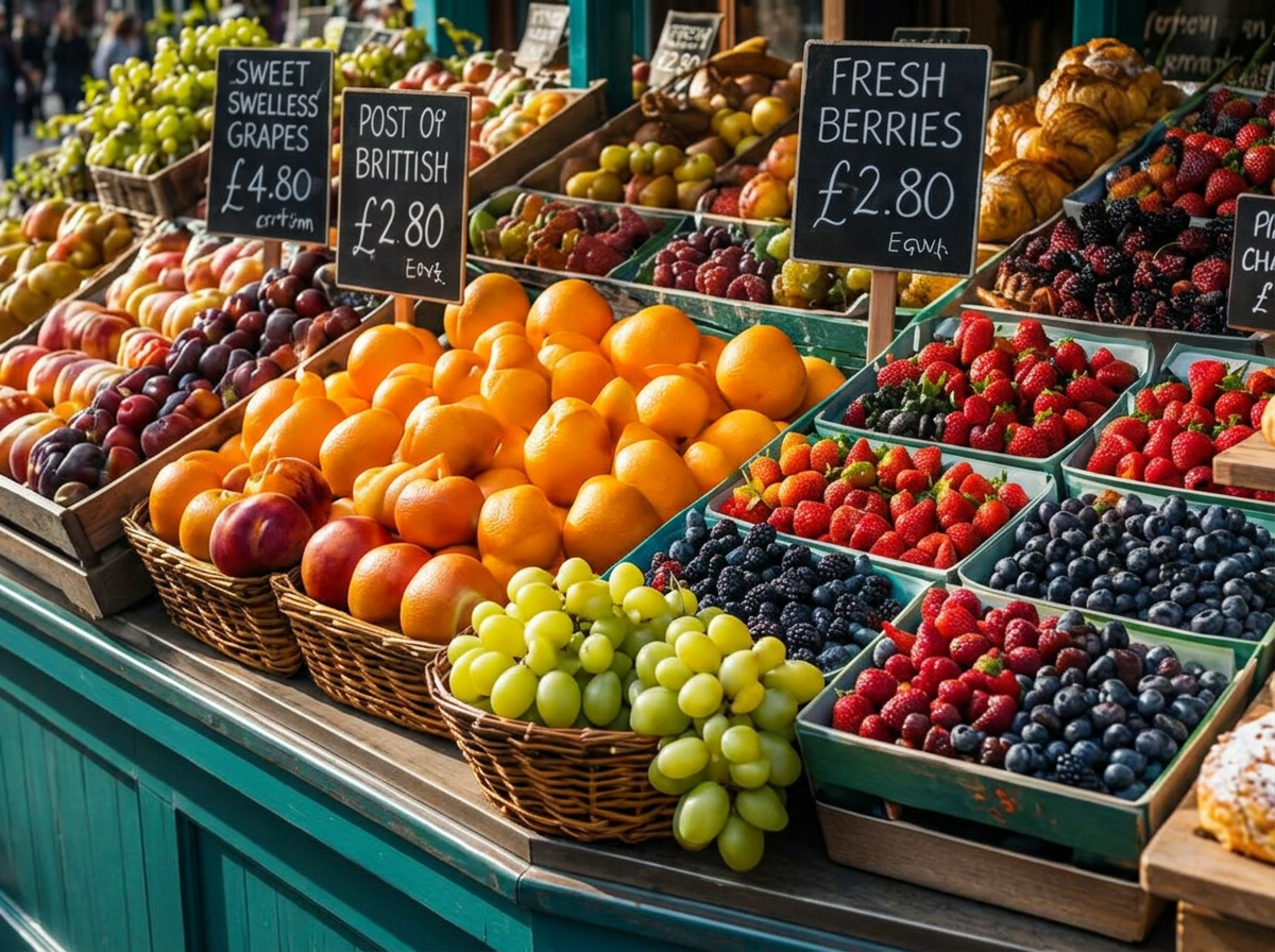 Fresh fruit and pastries at a London street market stall