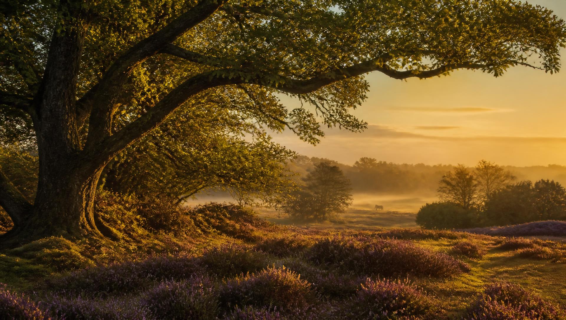 Ancient oak trees and heather at sunrise in the New Forest