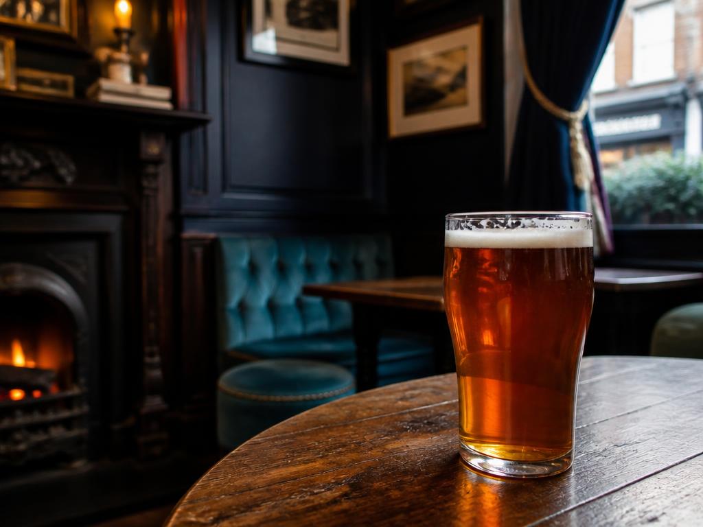 A pint of ale on a wooden table in a cosy London pub