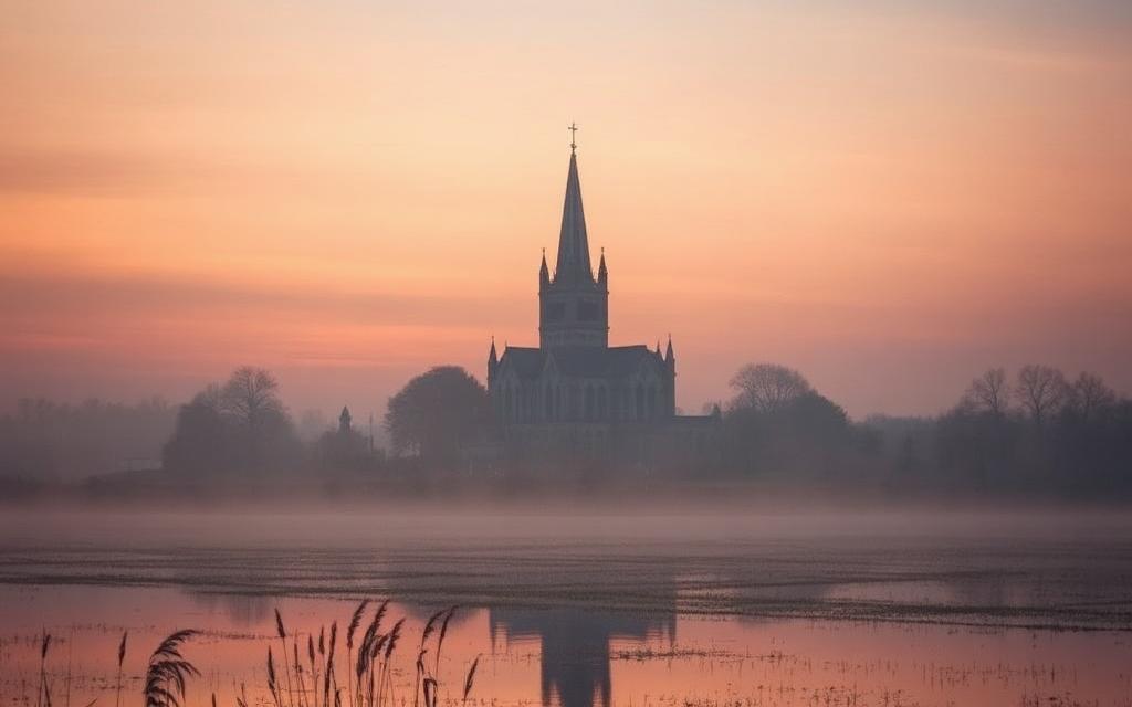 Salisbury Cathedral spire above misty water meadows