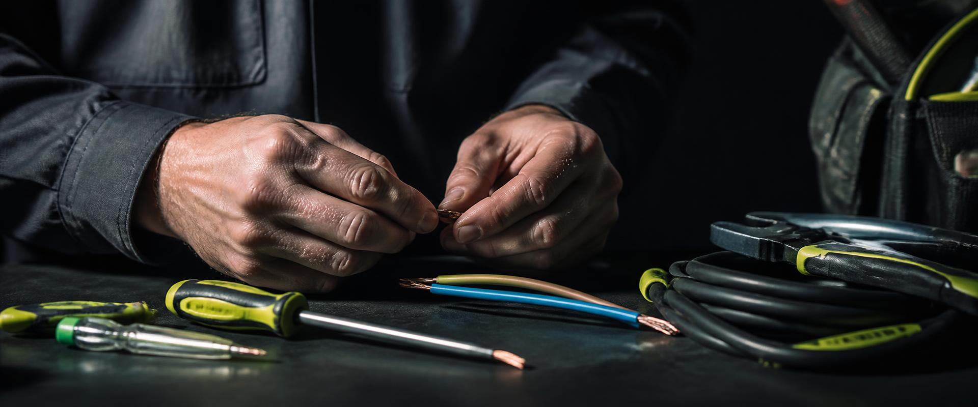 Close-up of an electrician's hands working on a consumer unit
