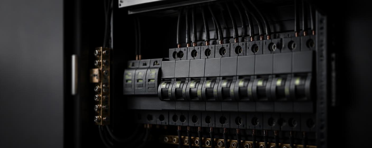 Dark close-up of a domestic fuse board with circuit breakers and wiring