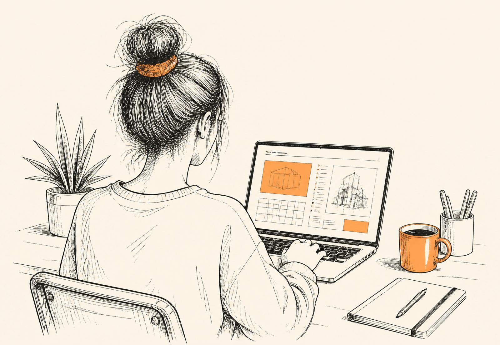 Sketch of a designer working at a laptop