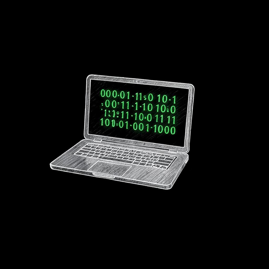 Sketch of a laptop floating in pure black with binary code on the screen