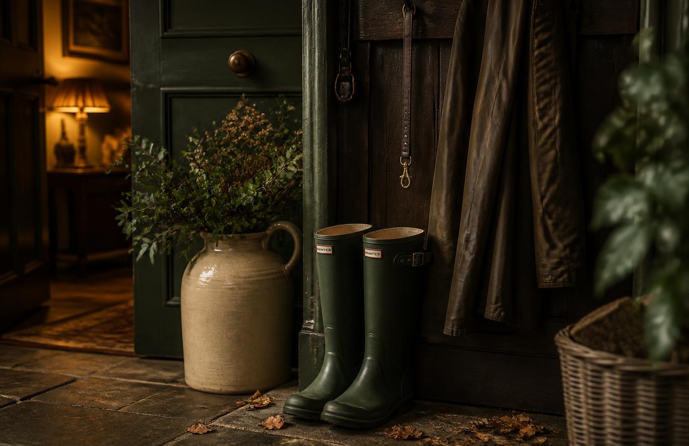 Green wellies and a wax coat at the manor entrance